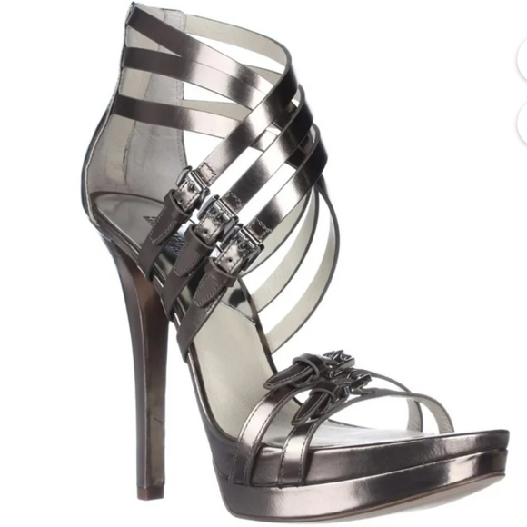Michael Kors Ava platform buckle strap sandal heels in nickel 7 - Picture 2 of 9